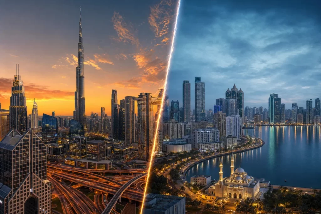 Split image comparing the Dubai and Sharjah skylines for renters choosing where to live in 2026
