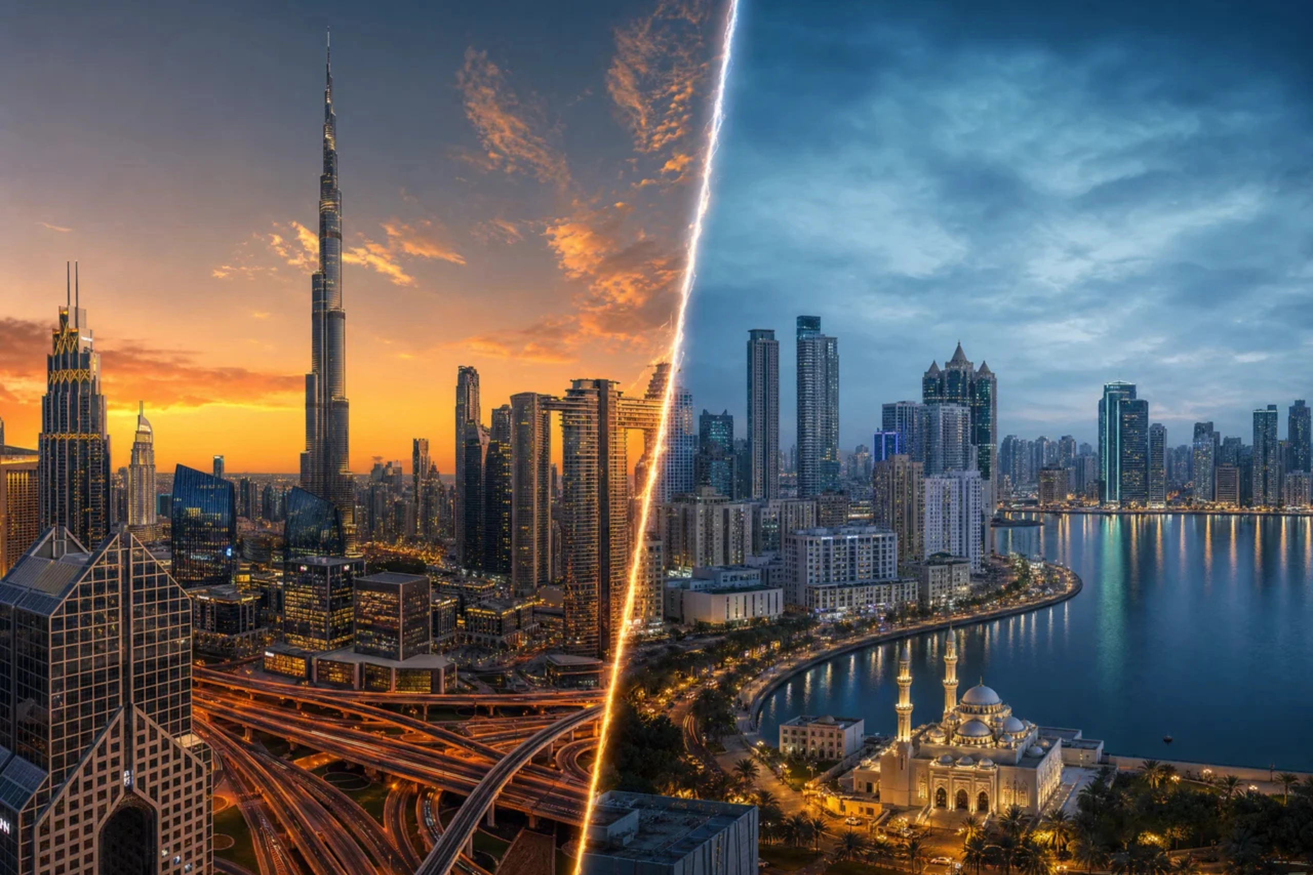 Split image comparing the Dubai and Sharjah skylines for renters choosing where to live in 2026